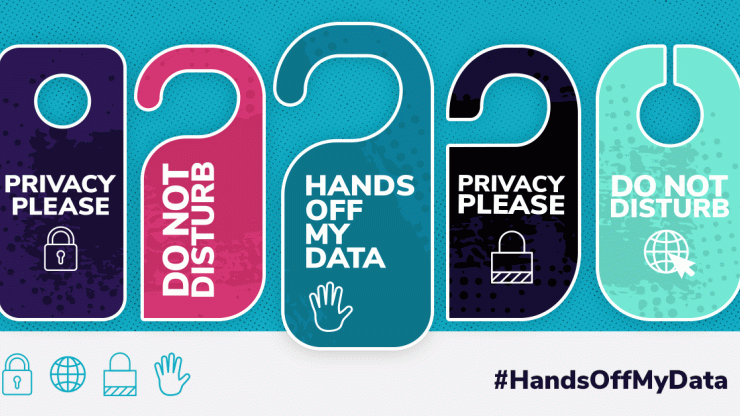 Graphic of hotel door tags with the messages "Privacy Please," "Do Not Disturb" and "Hands Off My Data"